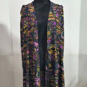 Lula Roe Sleeveless Duster Vest Black Floral and Mushroom Women's Size Large